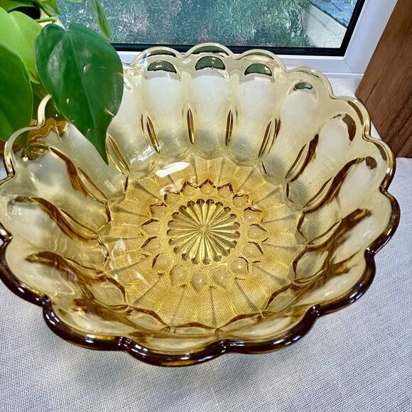 Vintage Amber Glass Serving Bowl – Scalloped Edge with Floral Panel Design - Picture 2 of 11